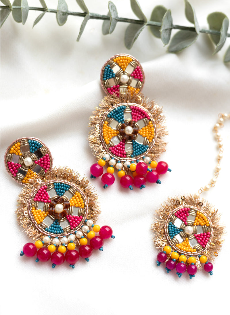 BHAVINI PINK HANDMADE EARRING AND MANGTIKA
