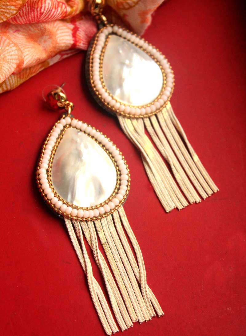 White Drop Moti Stone Tassel Earring