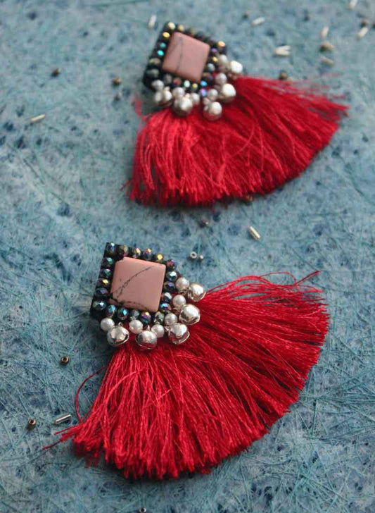 Purple Stone with Pink Tassel Earring