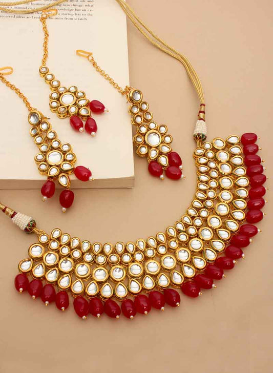 Kundan With Red Bead Necklace Maangtika Set