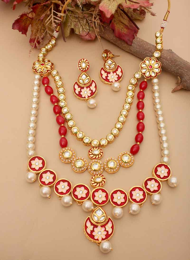 Red Matte Three Layer Necklace Set