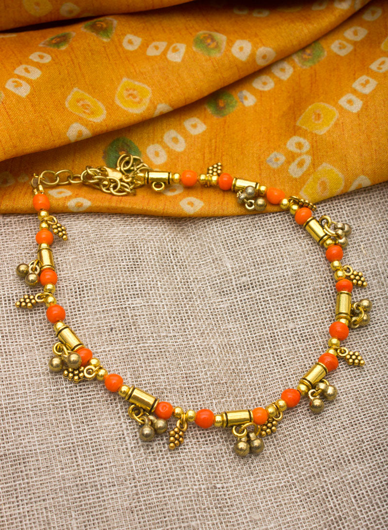 Orange Bead Golden Bead Anklet
