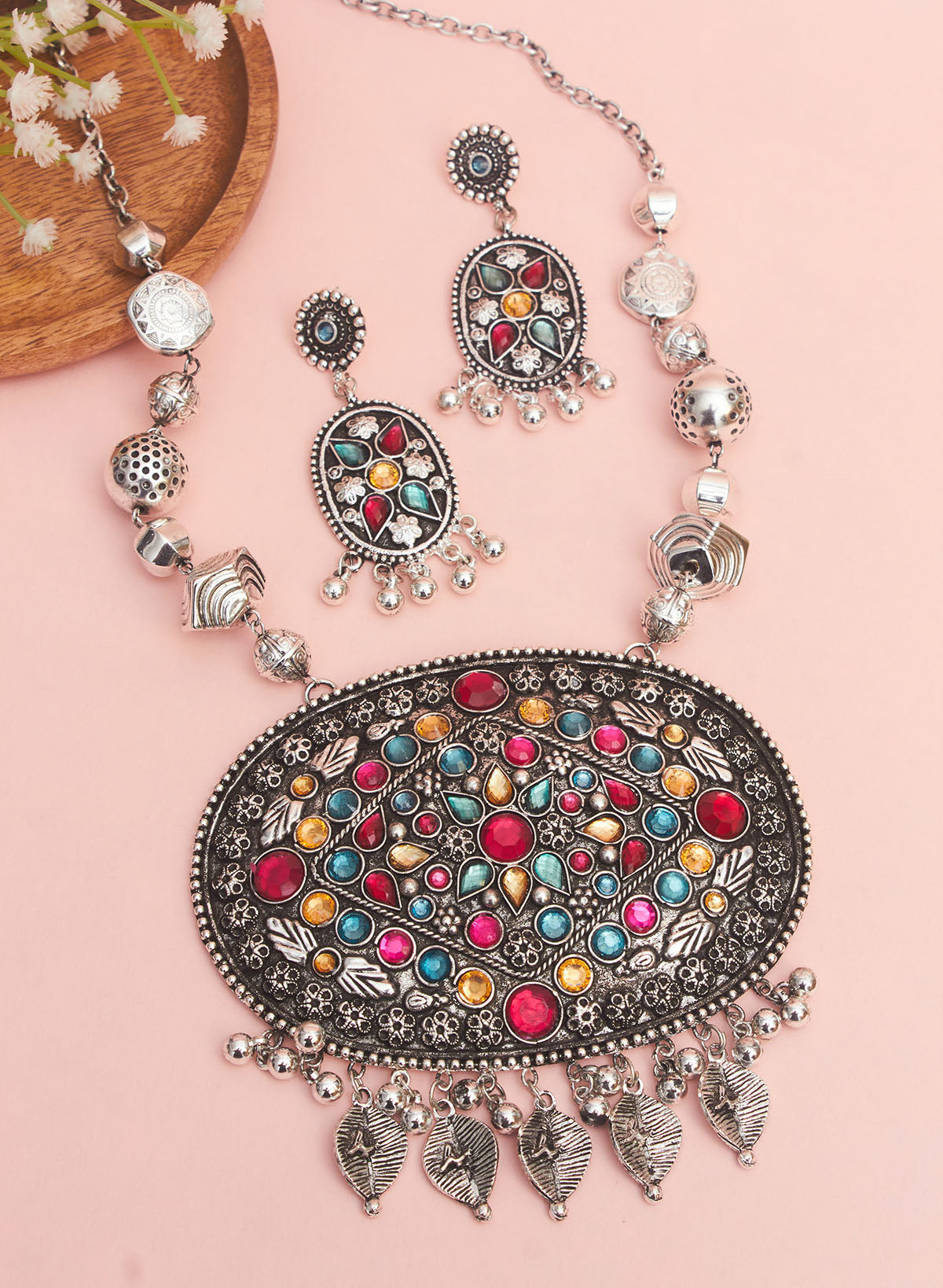Atiksha stone pendant Oxidised Necklace Set