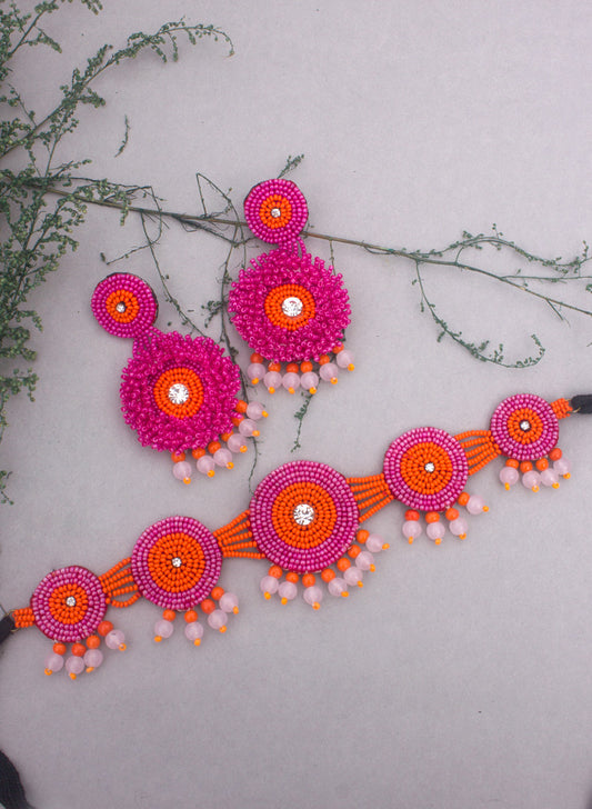 malia orange pink beaded necklace set