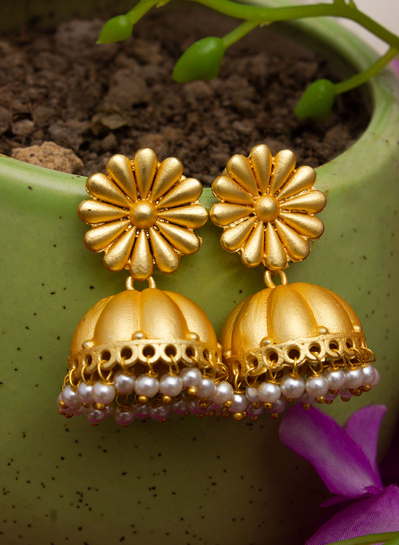 Gold Jhumka Earrings Gold Earrings Modern Designs Golden Brass