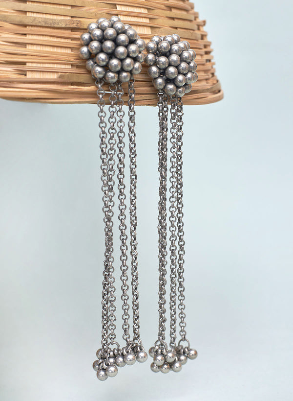 Long Silver Bead Chain Tassel Earring