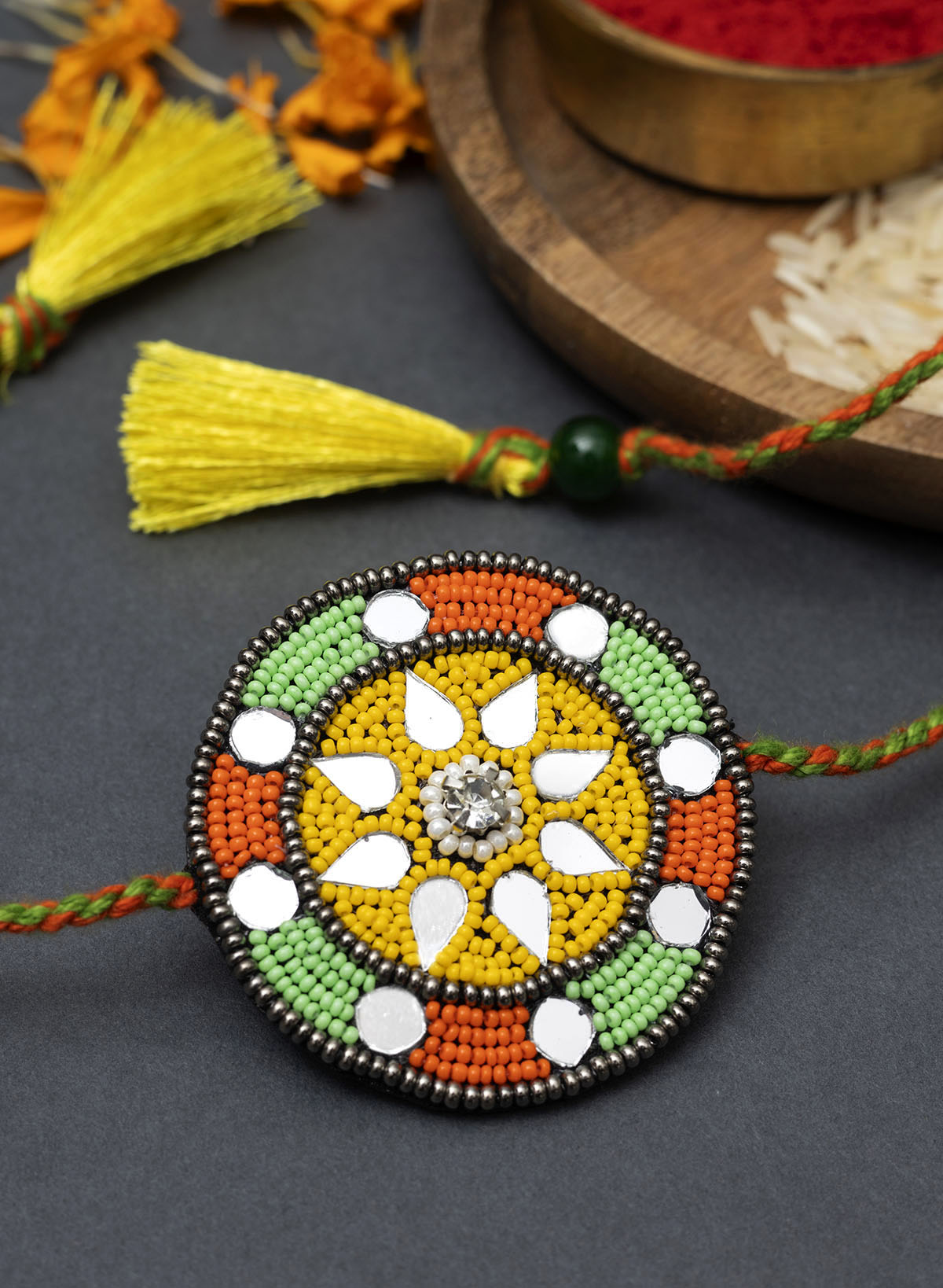 Green & Orange Mirror Bead Rakhi