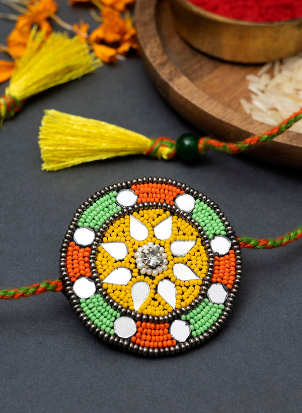 Green & Orange Mirror Bead Rakhi