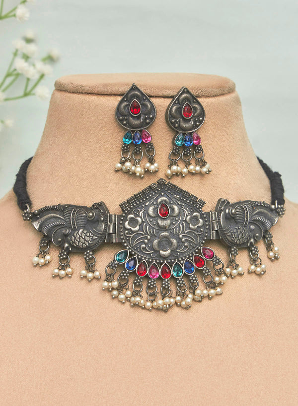 Ethnic Bollywood Style Design Silver Oxidized Choker Necklace Indian Jewelry  Set | eBay