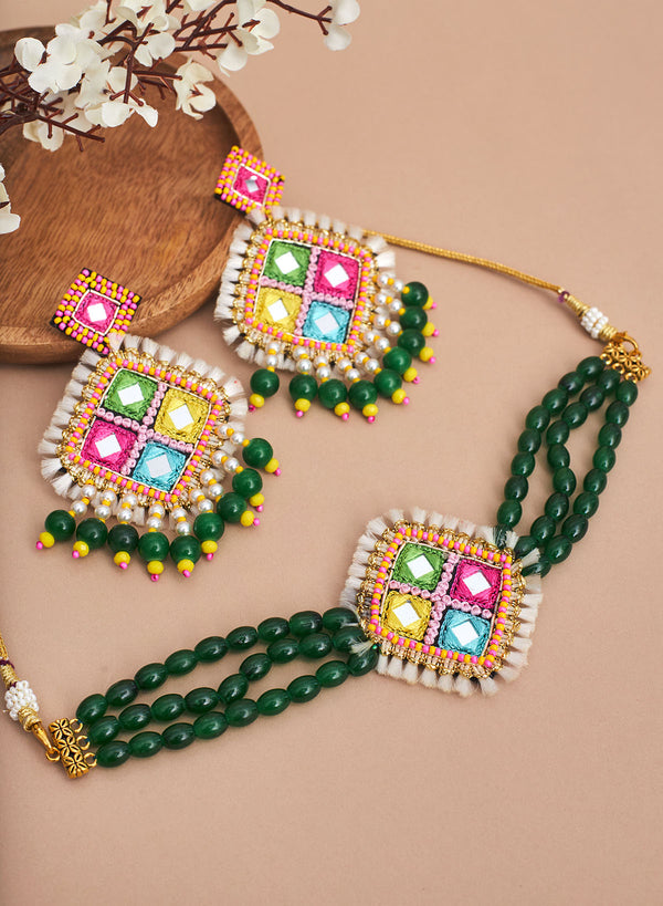 Yashna green mirror necklace set