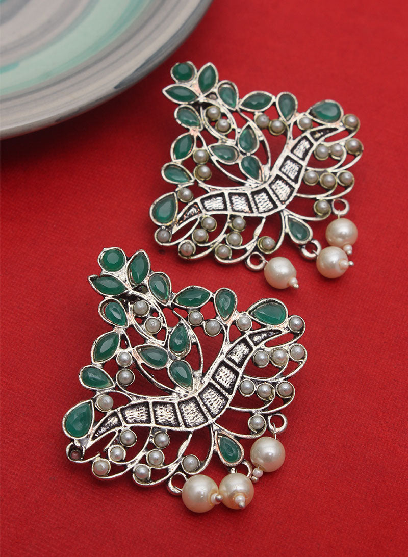 Green and white stone oxidised earring
