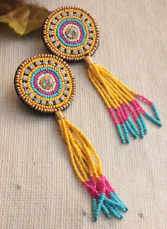 Yellow Beaded Tassel Earring