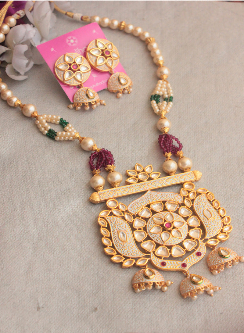 White Antique Meena Kundan Necklace Set