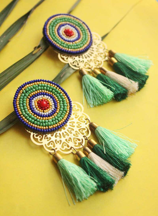 Blue and Green Beaded Tassel Earring