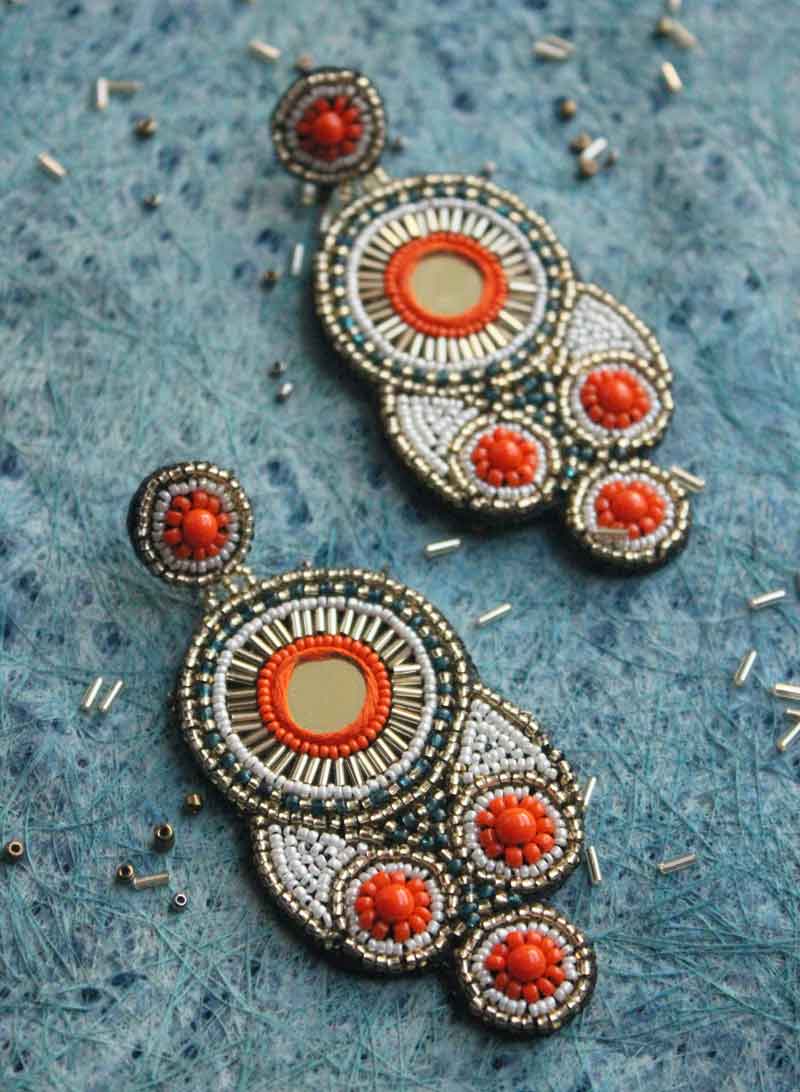 Orange and White Beaded Mirror Earring