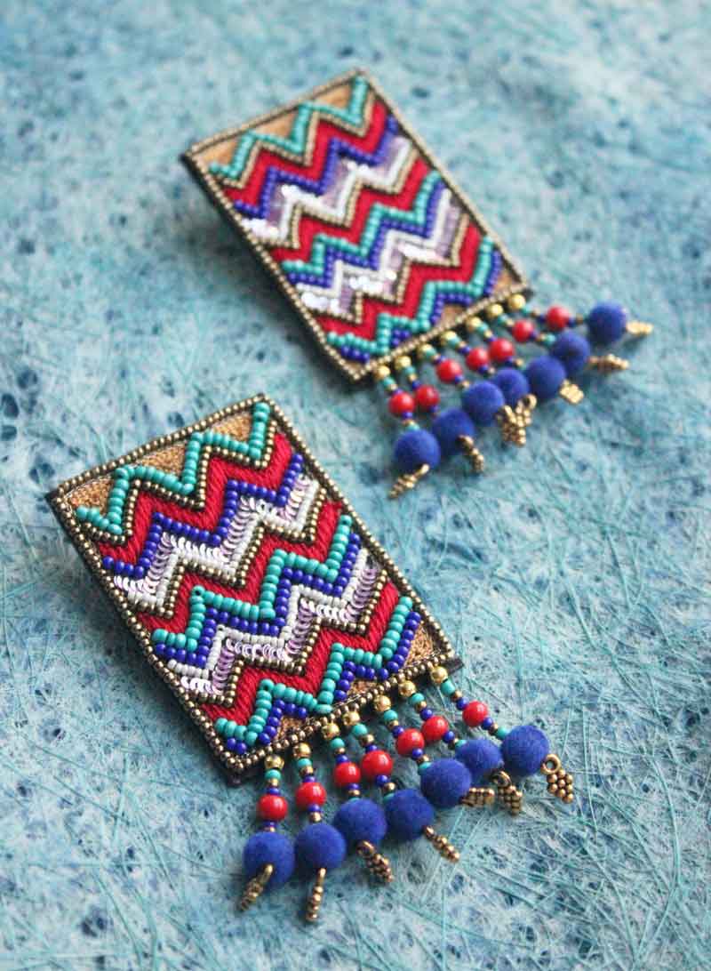 Rectangle Zig Zag Embroidered Earring
