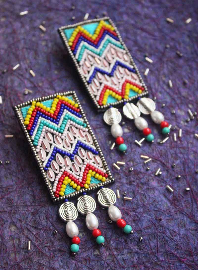 Rectangle Zig Zag Pastel Embroidered Earring