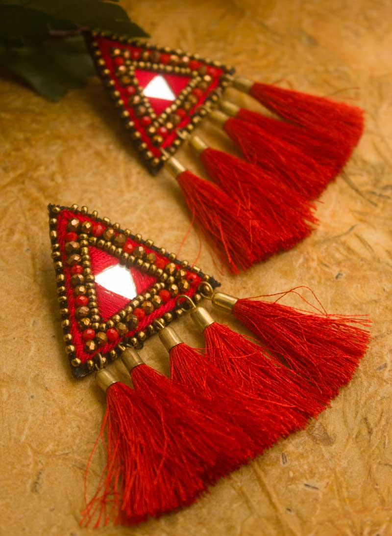 Red Triangle Mirror Tassel Earring