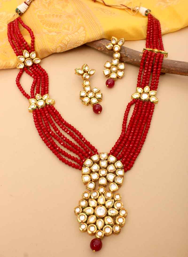 Long Red Crystal Bead Kundan Necklace