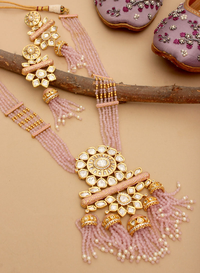 Light Pink Bead Kundan Long Necklace