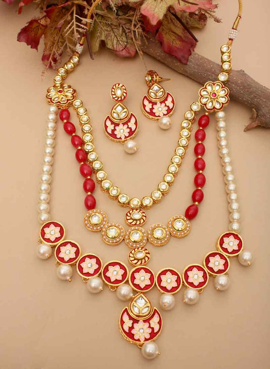 Red Matte Three Layer Necklace Set