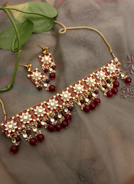 Red Meena Kundan Choker Set