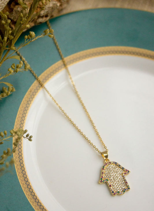 White and Multicolor AD Hamsa Necklace