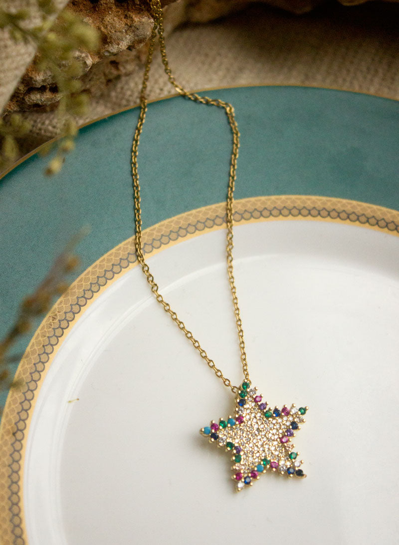 White and Multicolor AD Star Necklace
