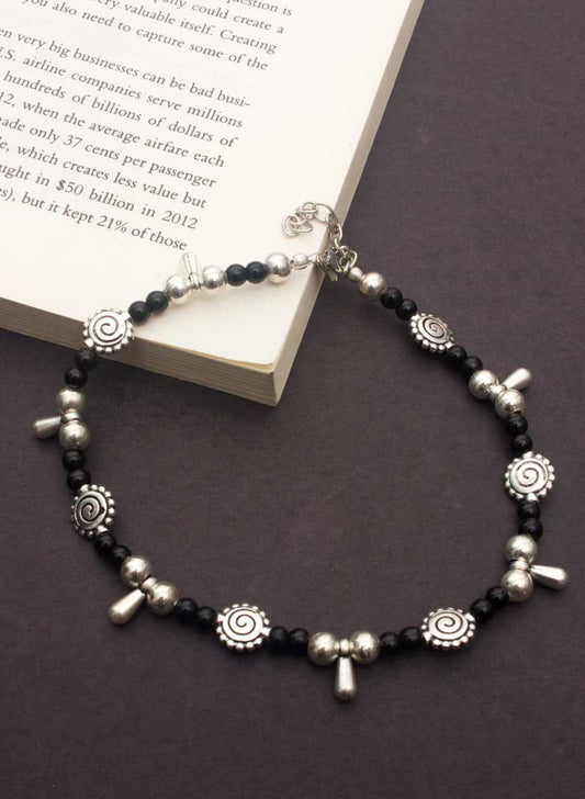 Black Moti with SIlver Metal Anklet