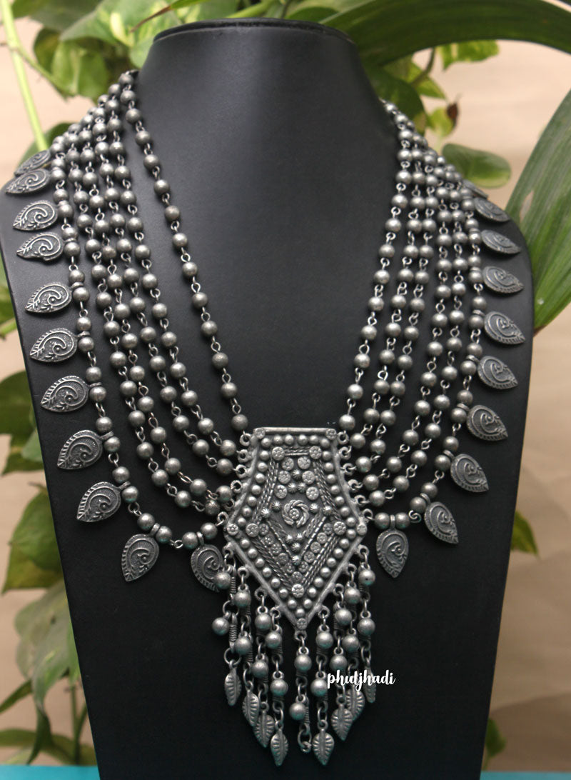 Silver Mutliple Chain Bead Long Necklace