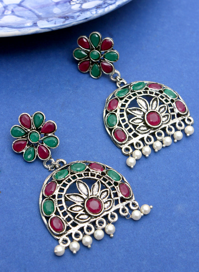 pink and green stone oxidised earring