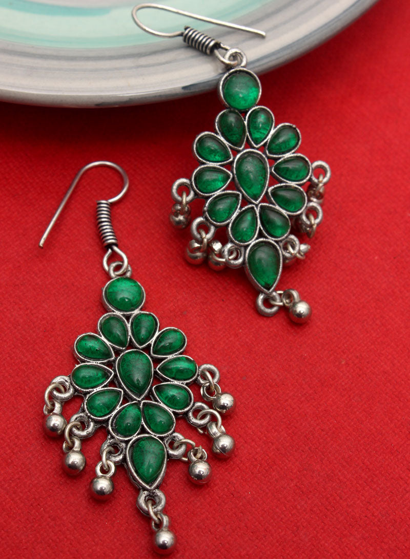 green drop stone oxidised earring