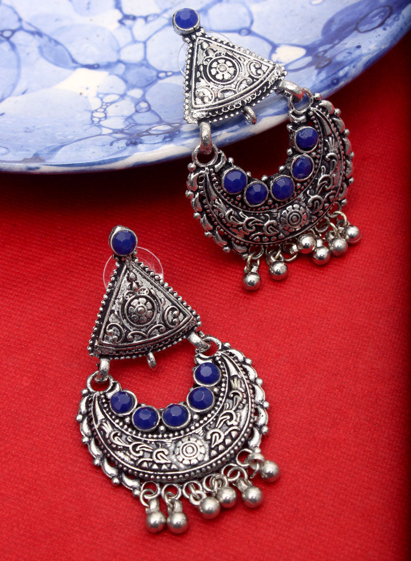 blue stone oxidised chandbali