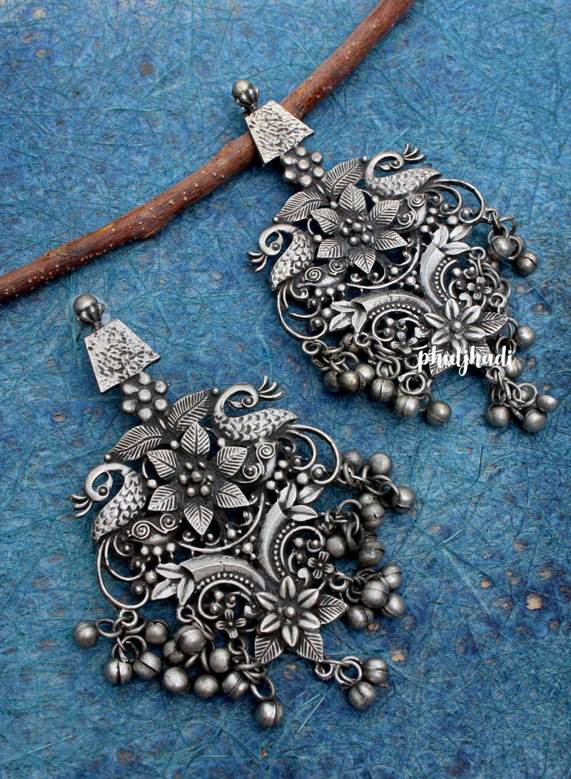 Oxidised  Peacock Flower Earring