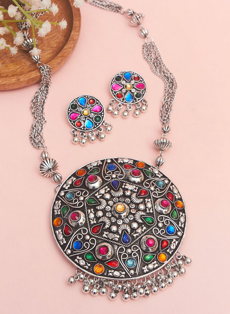 Nazima stone pendant Oxidised Necklace Set