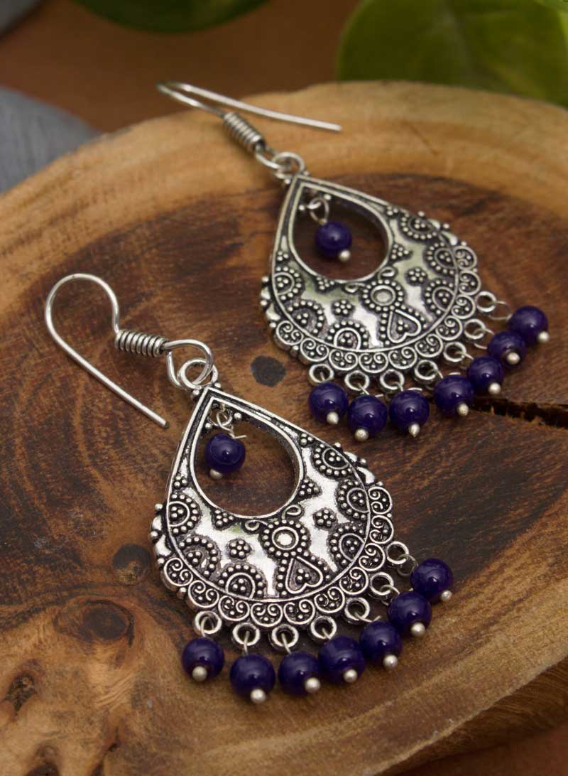 blue bead hanging oxidised earring
