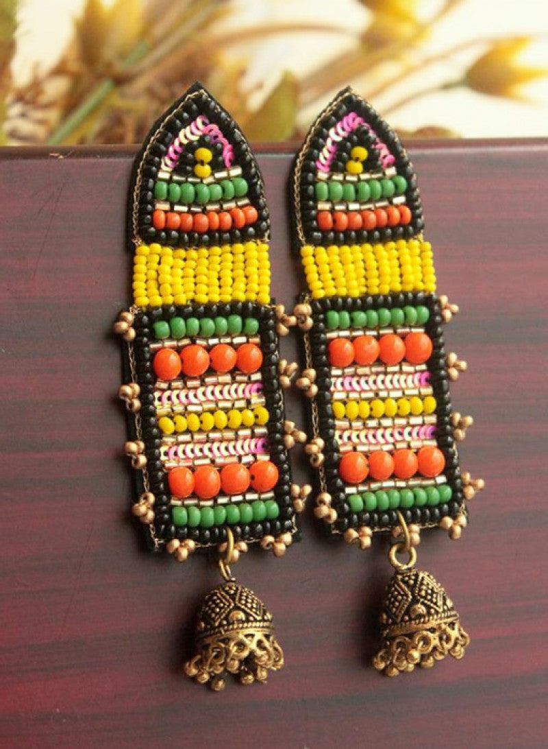 Long Multicolor Beaded Temple Jhumka Earring